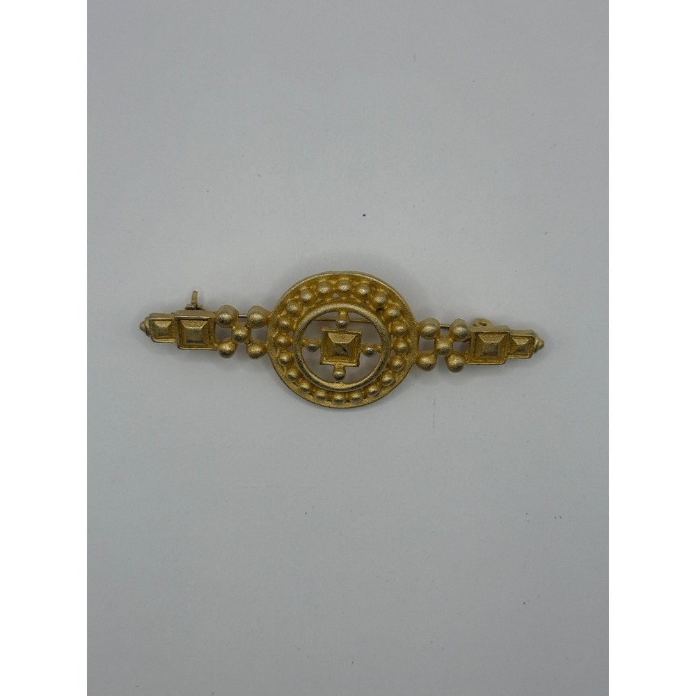 Vintage Matte Gold Tone Geometric Bar Brooch Textured Beaded Design Accessory - Picture 4 of 10